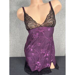 Vintage Arianne Small Nightgown Purple Black Floral Lace Semi Sheer Stretch
